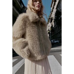 ZARA Double-Faced Faux Fur Jacket – Size S – NWT – Taupe Gray – Zip Front